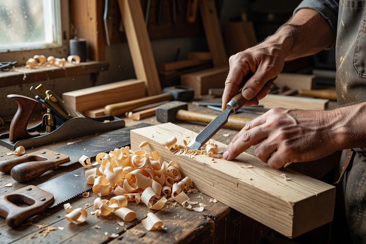 職人が手作業で木材を加工する様子